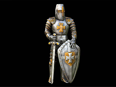 Medieval Knight Character In Game And Movie With Silver Gold Armor Sword And Cross Shield 3d model