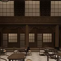 Traditional Teahouse Interior Design With Wooden Stage Colorful Lanterns And Classic Tables Chairs