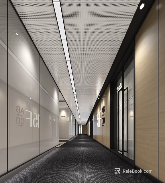 Modern Office Hallway Interior Design With Glass Walls Wooden Panels And Ceiling Lighting 3d model 