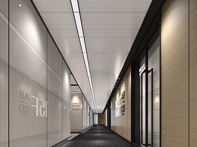 Modern Office Hallway Interior Design With Glass Walls Wooden Panels And Ceiling Lighting 3d model