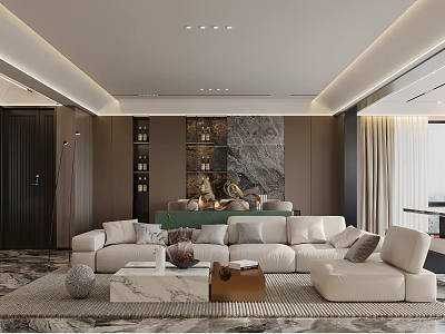 Luxury Modern Living Dining Room With Marble Wall Beige Sofa Coffee Table Open Concept Design 3d model