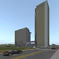Modern High Rise Hotel Building Featuring Glass Curtain Wall And Golden Facade Against Blue Sky