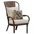 Stylish Rattan Leisure Chair With Armrests Light Colored Cushion And Geometric Pattern Pillow