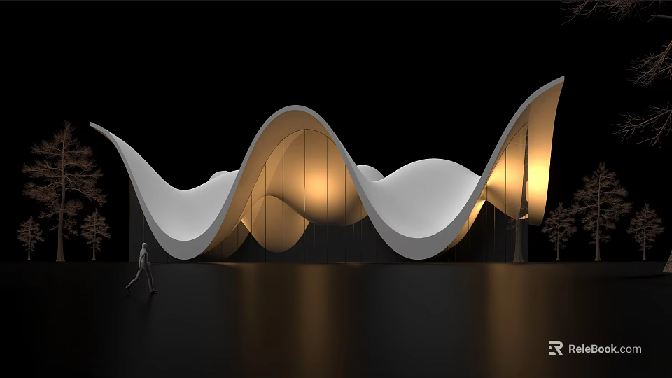 Modern Museum Building Featuring Wavy White Exterior And Warm Yellow Lighting With Trees 3d model 