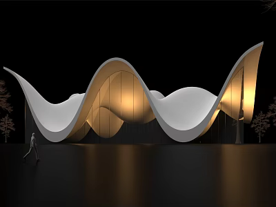 Modern Museum Building Featuring Wavy White Exterior And Warm Yellow Lighting With Trees 3d model