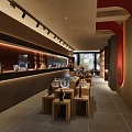 Elegant Club Interior With Traditional Wooden Decor Tea Sets Display And Red Accent Walls