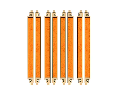 Six Orange Long Bar Door Handles With Gold Base And Stylish Design 3d model