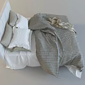 Double Bed with White Padded Headboard Striped Duvet Plaid Blanket and Pillows