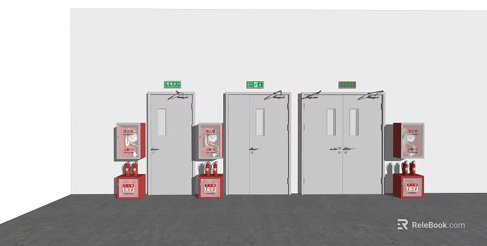 White Emergency Exit Doors With Green Signs And Red Fire Extinguishers 3d model 