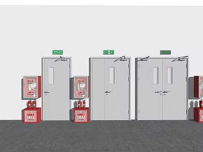 White Emergency Exit Doors With Green Signs And Red Fire Extinguishers 3d model