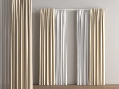 Elegant Modern Window Curtains In Beige And White Soft Fabric Hanging On Rod 3d model