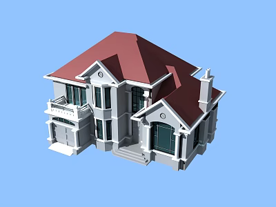 Cartoon Two Story House With Red Roof White Walls Porch And Steps 3d model