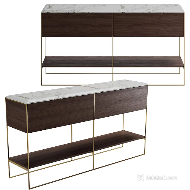 Modern Luxury TV Stand With Dark Wood Cabinet Golden Metal Frame And Marble Top 3d model 