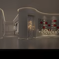 Modern Luxury Clothing Store Interior With Curved White Columns Red Grid Shelves And Decorative Lights