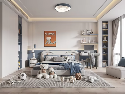 Cozy Kids Bedroom With Bed Stuffed Teddy Bears Soccer Ball Bookshelf Wall Art And Carpet 3d model