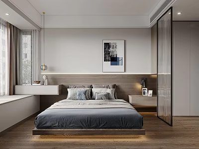 Modern Bedroom Interior With King Bed Gray Bedding Wooden Headboard And Wall Art 3d model