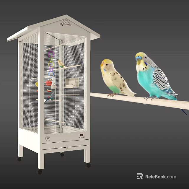 Decorative Birdcage Ornament Set with Colorful Toys and Yellow Green Blue White Parakeets on Perch 3d model 