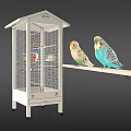Decorative Birdcage Ornament Set with Colorful Toys and Yellow Green Blue White Parakeets on Perch