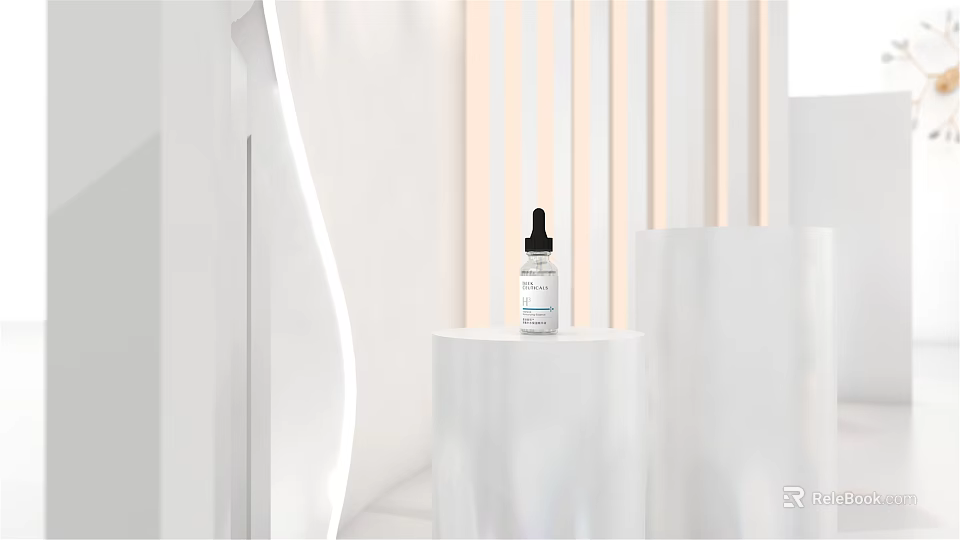 Elegant Perfume Cosmetics White Bottle With Black Dropper On Minimalist Display Stand And Soft Lighting 3d model 