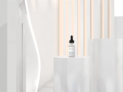 Elegant Perfume Cosmetics White Bottle With Black Dropper On Minimalist Display Stand And Soft Lighting 3d model