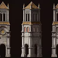 Two Classical Stone Towers With Spires Arched Doorways And Clock Details