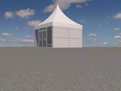 Outdoor White Tent Setup Under Blue Sky With White Clouds On Gravel Ground 3d model