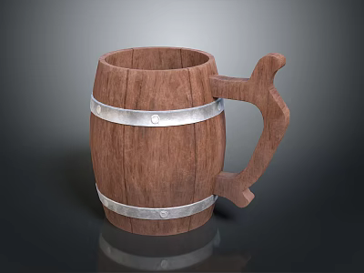 Wooden Barrel Shaped Mug With Metallic Bands And Curved Handle Design 3d model