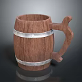 Wooden Barrel Shaped Mug With Metallic Bands And Curved Handle Design