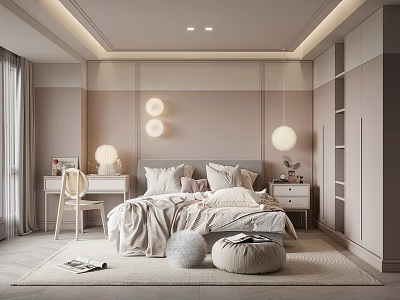 Kids Room Interior With Pastel Pink Walls Cozy Bed Desk Chair And Storage Cabinets 3d model