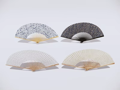 Traditional Handheld Fans With Various Patterns And Bamboo Frames 3d model