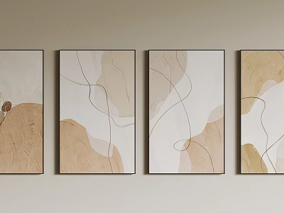 Four Abstract Framed Artworks Hanging on Wall with Beige Light Brown Tones and Curved Lines 3d model