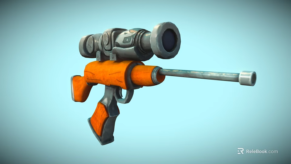 Cartoon Style Gun With Scope And Orange Grip Design In Playful Scene 3d model