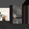 Modern Foyer Hallway With Marble Wall Floating Shelf Decorative Figurines And Green Plant