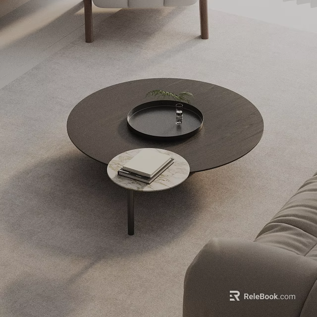 Modern Light Grey Sofa and Round Black Coffee Table Set with Marble Top and Tray Decoration 3d model 