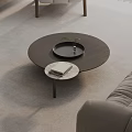 Modern Light Grey Sofa and Round Black Coffee Table Set with Marble Top and Tray Decoration