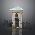 Stone Gate With Green Roof And Black Fence Surrounding Structure