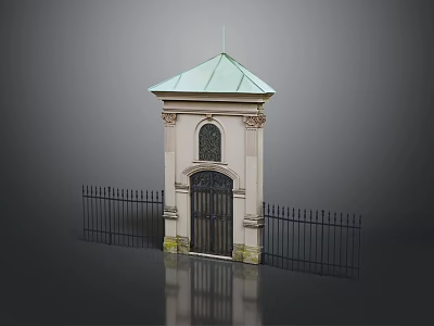 Stone Gate With Green Roof And Black Fence Surrounding Structure 3d model