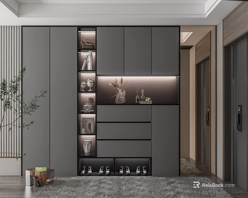 Modern Shoe Cabinet Interior Design With Multiple Shelves And Illuminated 3d model