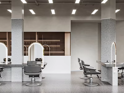 Modern Beauty Salon Interior Design With Gray Chairs Mirrors And Marble Countertops 3d model