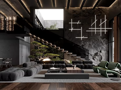 Modern Duplex Living Room With Staircase Green Sofa Indoor Plants And Lighting 3d model