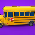 Yellow School Bus Exterior With Stop Sign Headlights And Purple Background