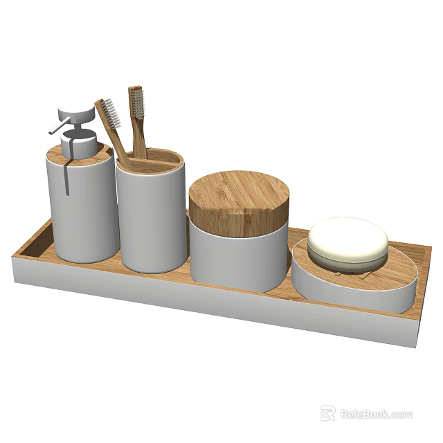 Modern Bathroom Accessories with White Containers Toothbrush Toothpaste Wooden Lid Soap Dish on Wooden Tray 3d model 