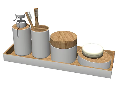 Modern Bathroom Accessories with White Containers Toothbrush Toothpaste Wooden Lid Soap Dish on Wooden Tray 3d model