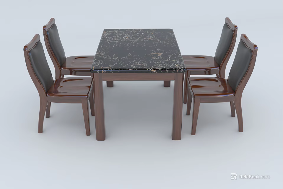 Modern Dining Table Set With Rectangular Dark Marble Tabletop And Four Wooden Chairs 3d model
