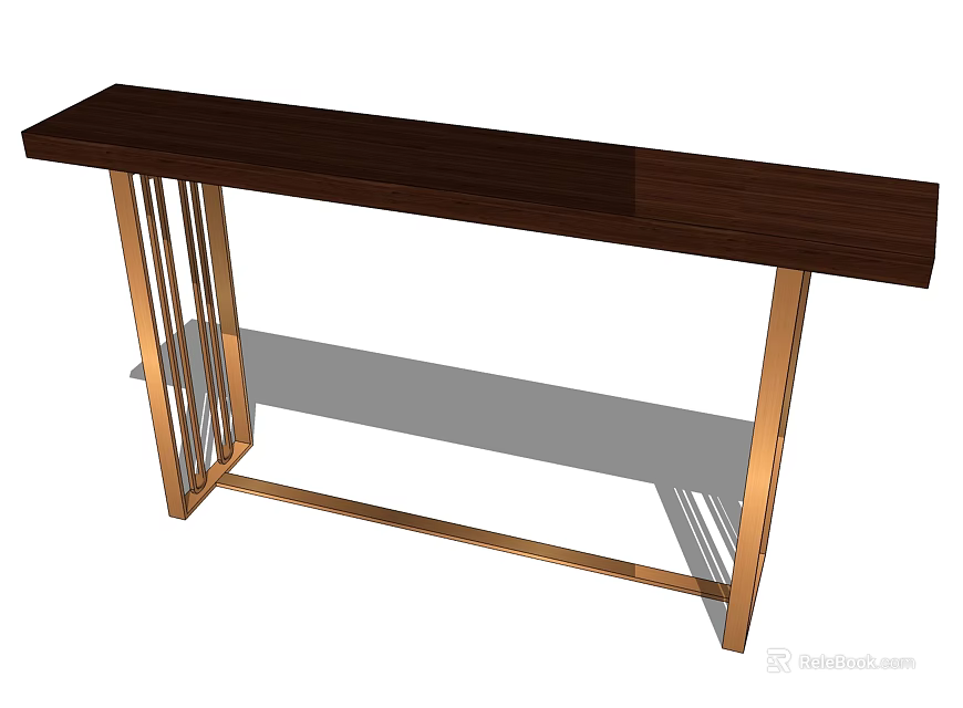 Modern Console Table With Dark Wood Top Gold Metal Legs And Lower Shelf 3d model 