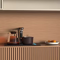 Modern Kitchen Appliances on Countertop with Coffee Maker Coffee Pot Fruit Plate and Wooden Cabinets