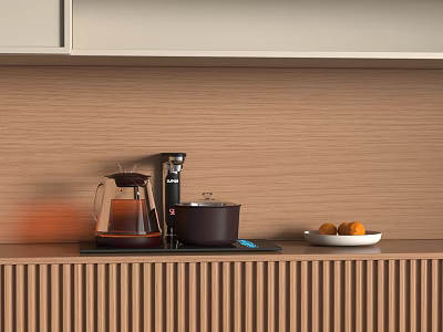 Modern Kitchen Appliances on Countertop with Coffee Maker Coffee Pot Fruit Plate and Wooden Cabinets 3d model