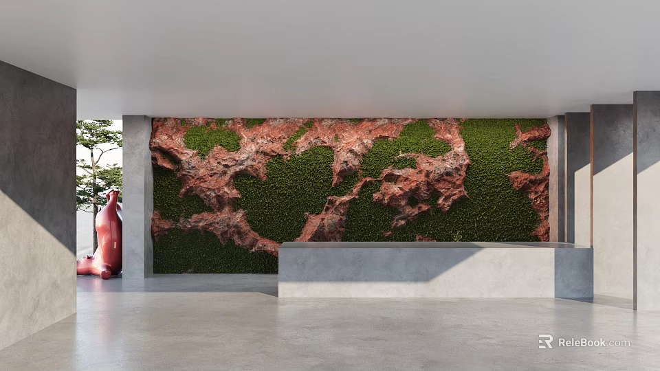 Modern Reception Background Wall With Green Plant And Red Rock Texture Design 3d model 