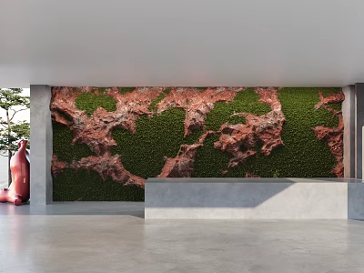 Modern Reception Background Wall With Green Plant And Red Rock Texture Design 3d model