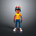Man Wearing Red And Yellow Helmet Yellow T-Shirt Red Sleeves Blue Pants White Shoes Standing Pose